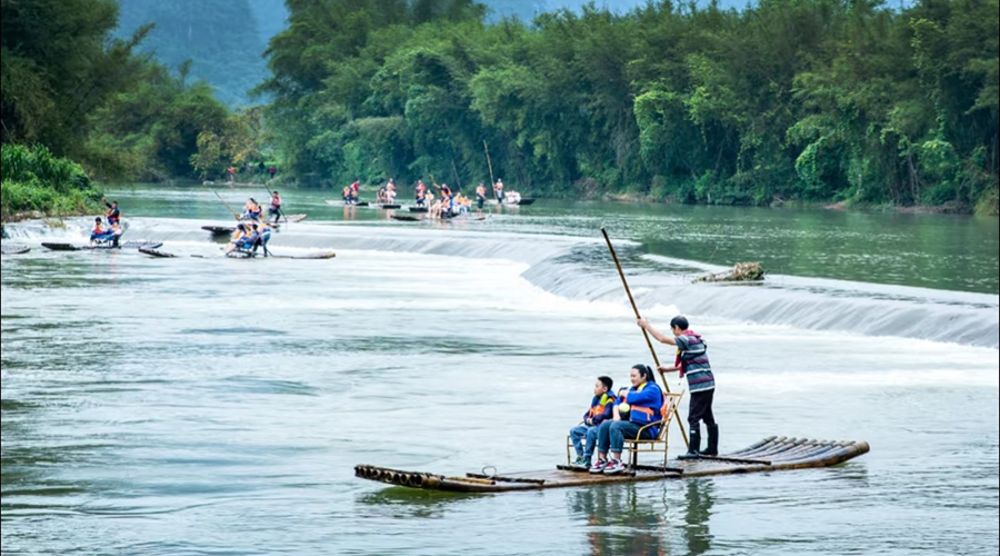 Yulong River bamboo rafting scene